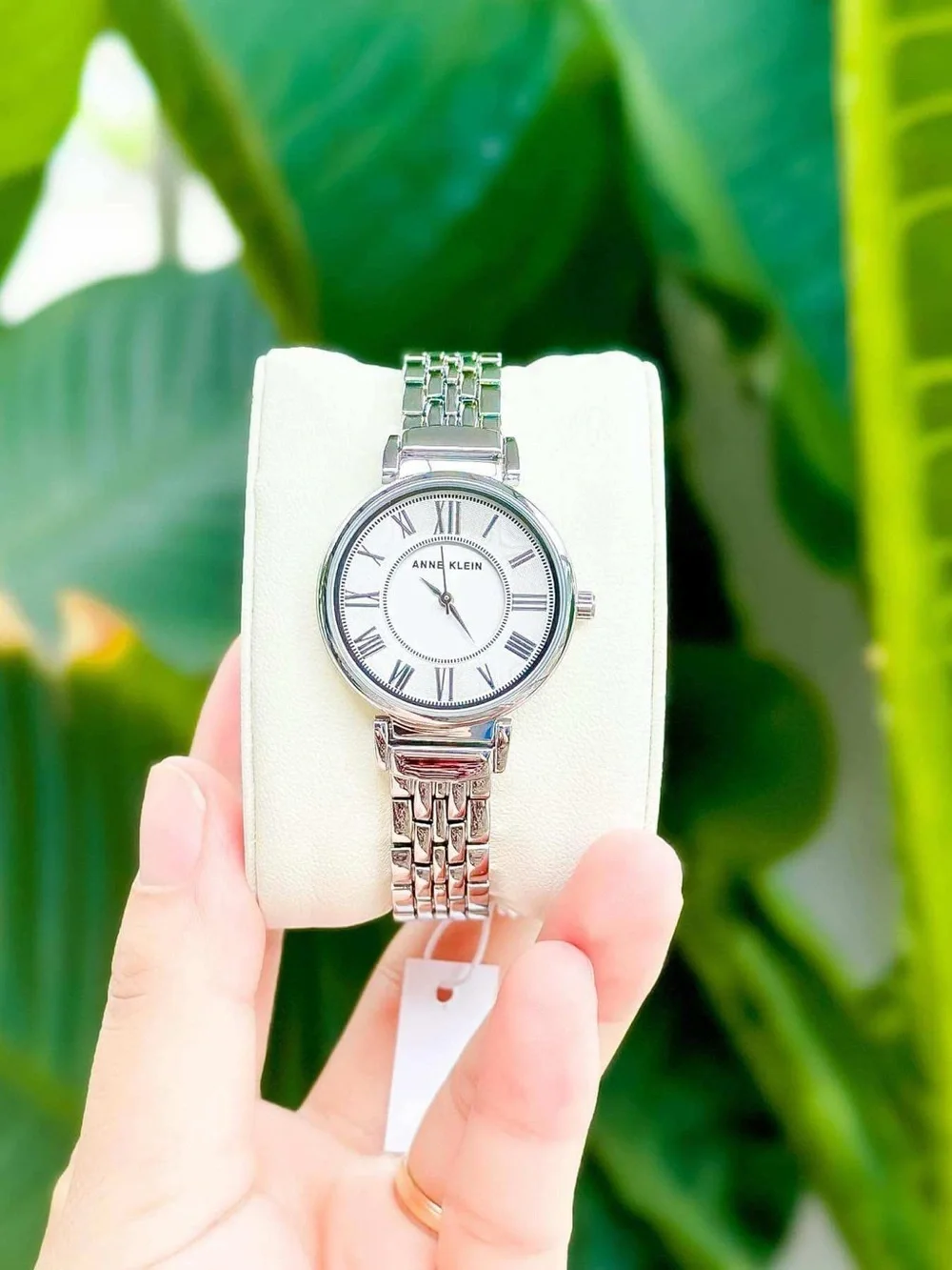NWT Anne Klein Woven Link Bracelet Watch Quartz Roman Numeral White Dial Silver